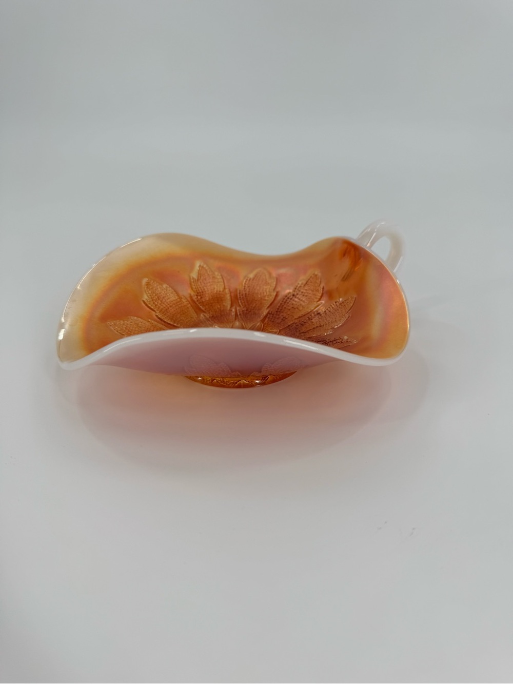 Antique Dugan Peach Opalescent Carnival Glass Leaf Rays Nappy Handle Bowl